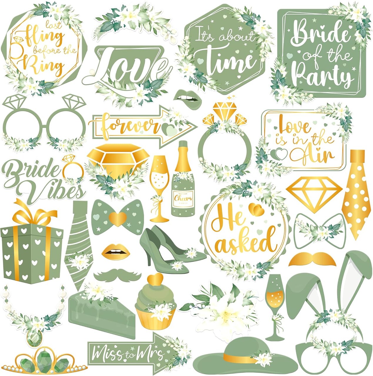 Bridal Shower Photo Booth Props - Pack of 35 | Green Decorations for Bridal Shower and Bachelorette Party